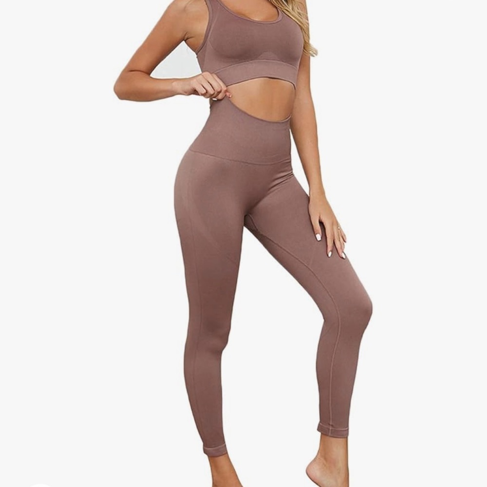 Purple yoga workout set high waist leggings sports bra compression